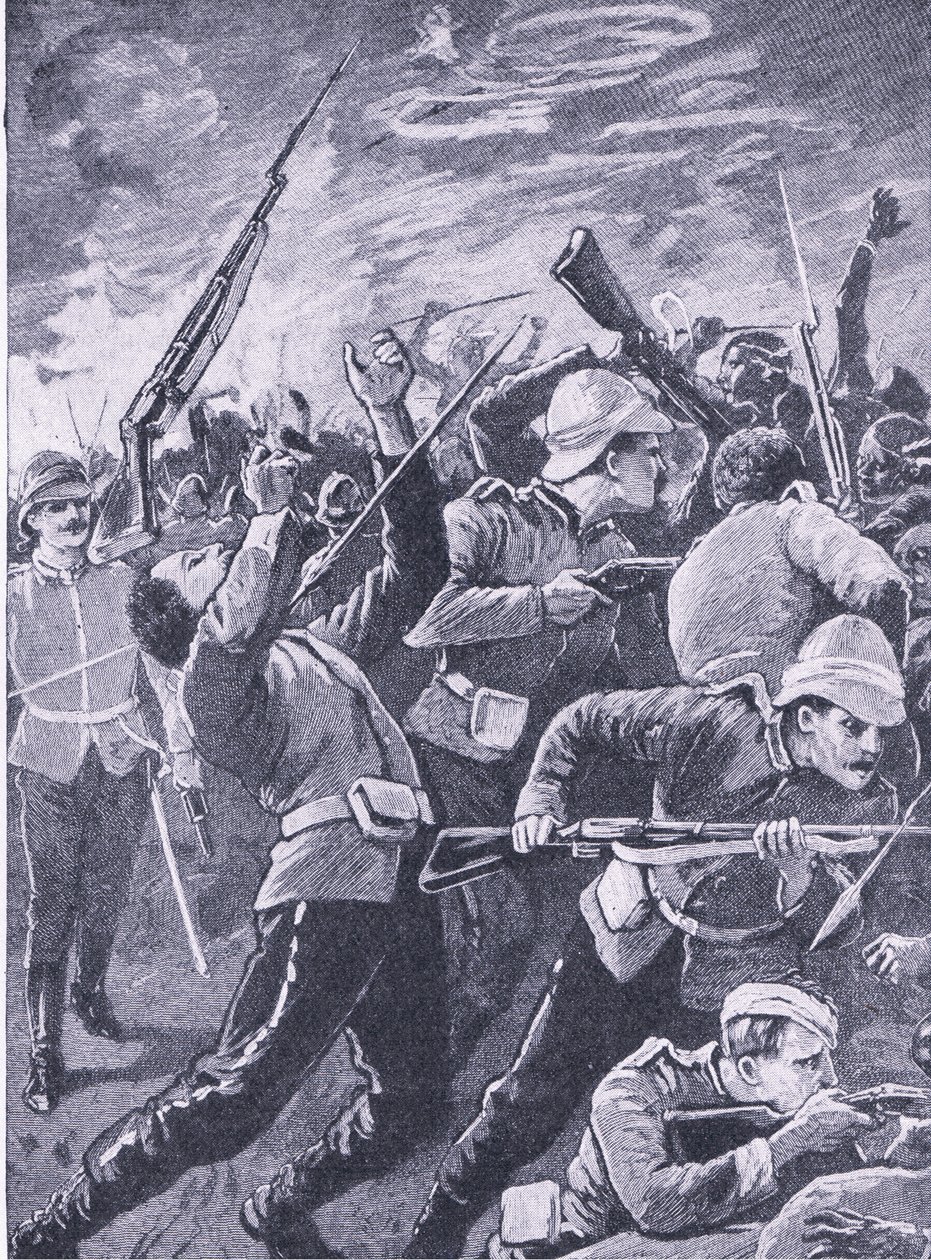 ロークスドリフトの防御、陸と海でのイギリスの戦いのイラスト、1915 作： リチャード・カトン・ウッドビル・ジュニア