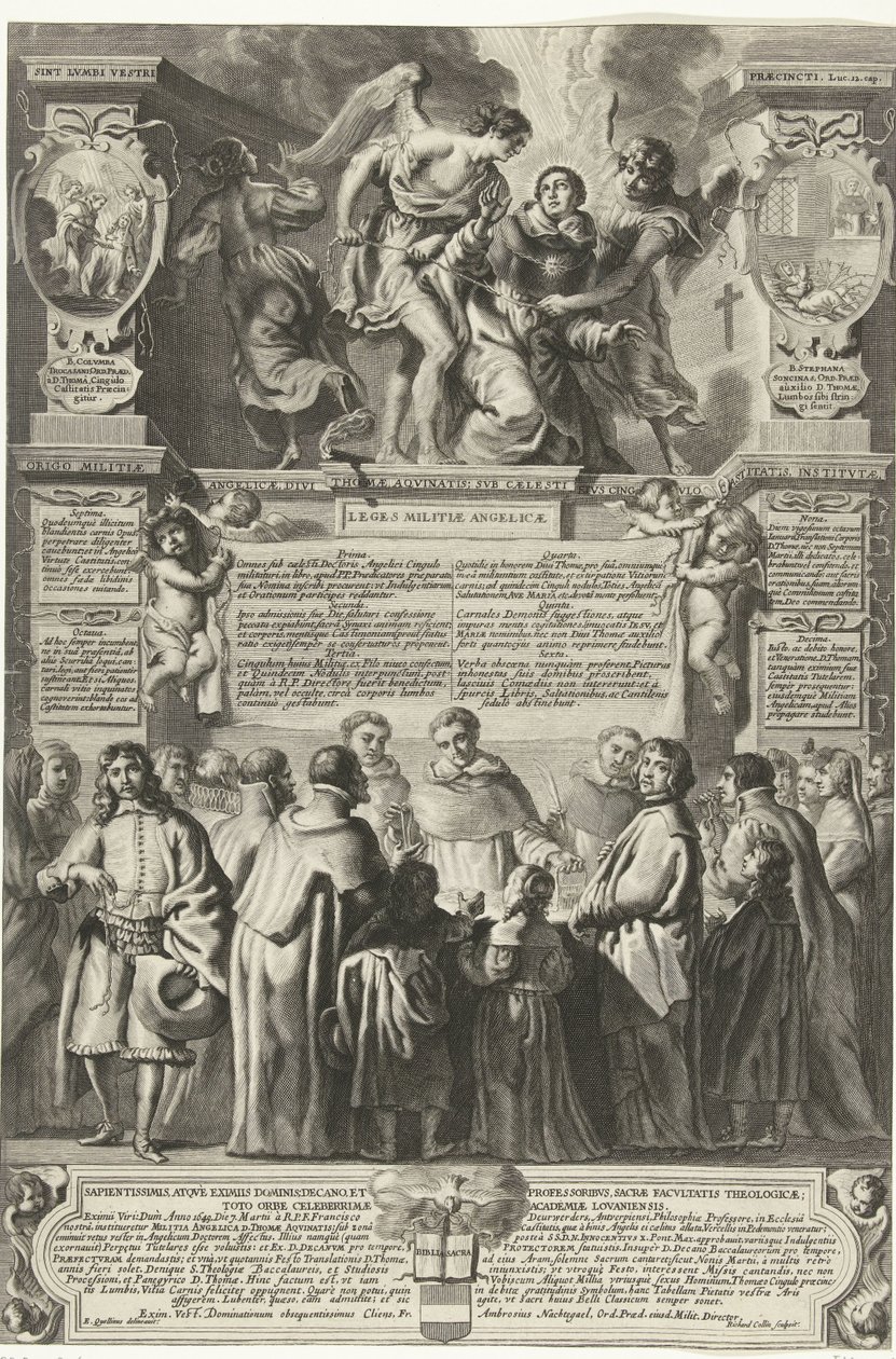 1649年、トーマス・アクィナスの民兵アンジェリカの設置 Angelic Militiaの起源、神聖なThomas Aquinas。 彼の純潔の天のベルトの下で、制定された（オブジェクトのタイトル） 作： リチャード・コリン