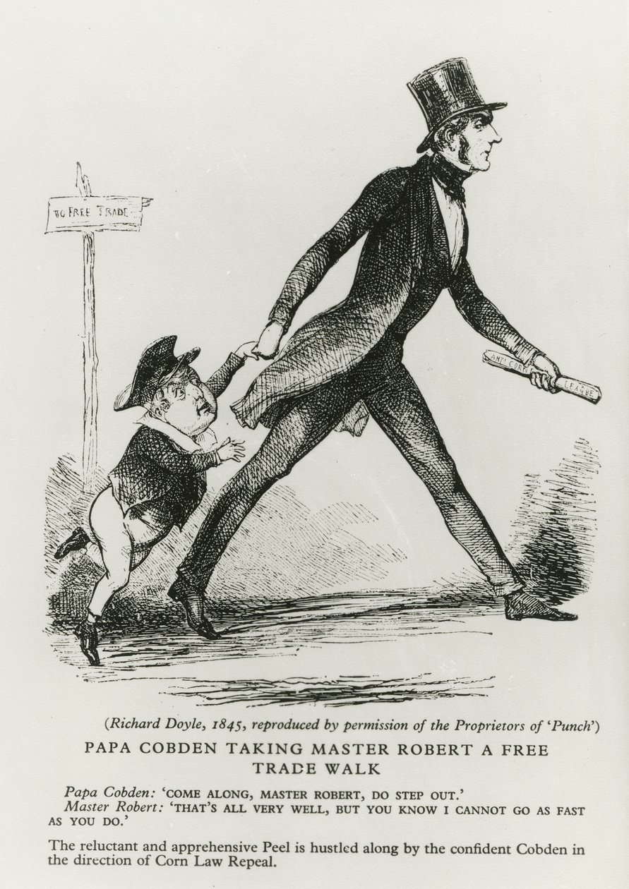 1845年、マスターロバートを自由貿易の歩みに導いたパパコブデン 作： リチャード・ドイル