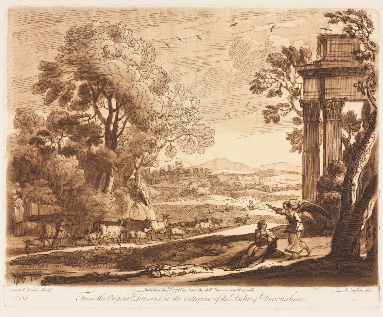Liber Veritatis：No. 133、A Landscape、with Cowtle、and Angel Comforting Hagar、1776。 作： リチャード・イアローム