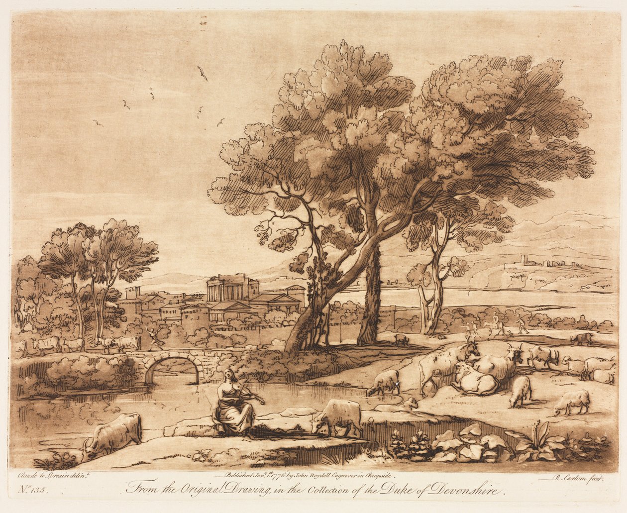 Liber Veritatis：No. 135、A Landscape、With Buildings、Mercury Stealing Admetuss Cattle ...、1776。 作： リチャード・イアローム