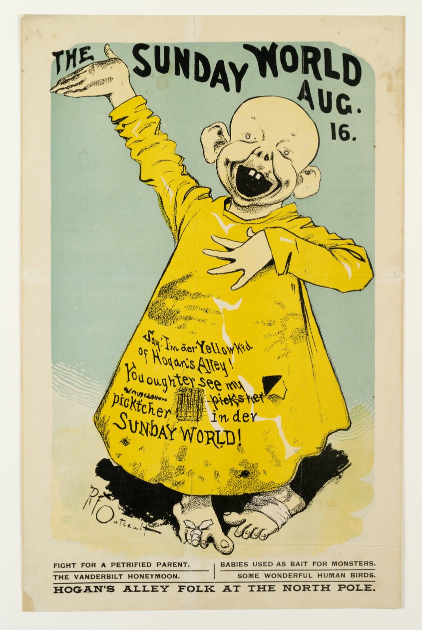 サンデーワールド8月16日：ホーガンズアリーの黄色い子供と言う...、1895-98年litho 作： リチャードフェルトンアウトコー
