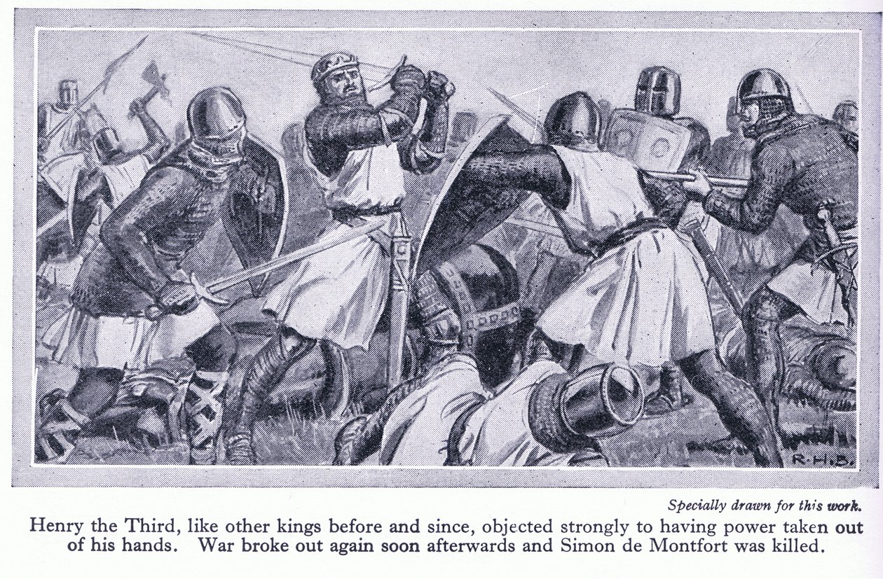 ヘンリー3世は彼の力を彼の手から奪うことに強く反対しました。戦争が勃発し、Simon de Monfordが殺害された、1950年頃 作： リチャード・ヘンリー・ブロック