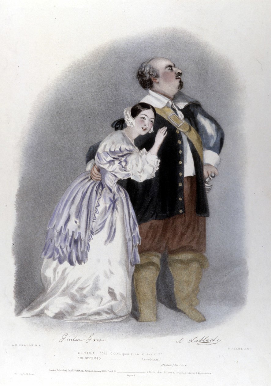 Vincenzo Bellini作「The Puritans」（I puiritani）の第3幕でのGiulia GrisiとLuigi Lablache。リトグラフはR.J.レーンによるもの。1835 作： リチャード・ジェームス・レーン