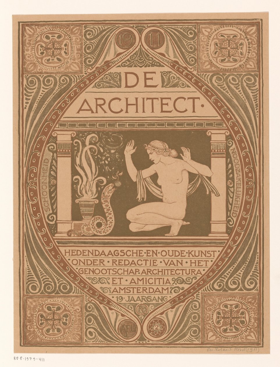 表紙デザイン: デ・アーキテクト、1911年 作： リヒャルト・ニコラウス・ローランド・ホルスト（アーティストによるサイン）