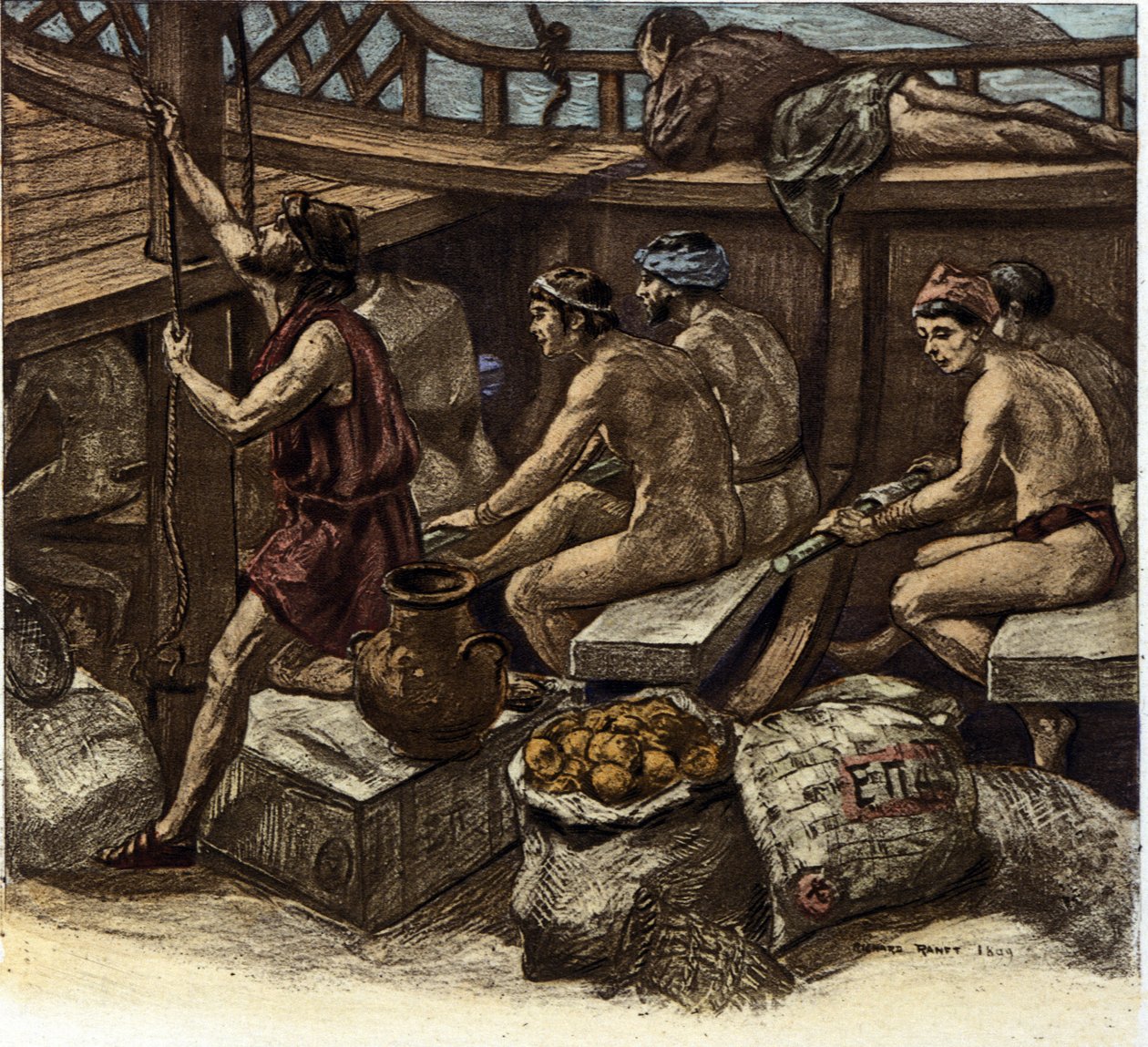 アンティークのギリシャのガレー船に乗ったガレリアンの生活。リチャード・ランフト（1862-1931）によるイラスト 1909年 作： リチャード・ランフト
