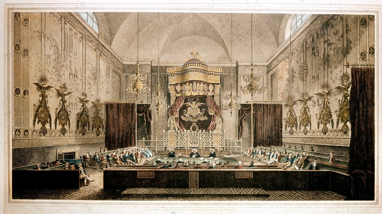 英国議会の上院である貴族院の眺め。ロスウェルの版画。19世紀 パーカー・ギャラリー（ロンドン 作： リチャード・ロスウェル