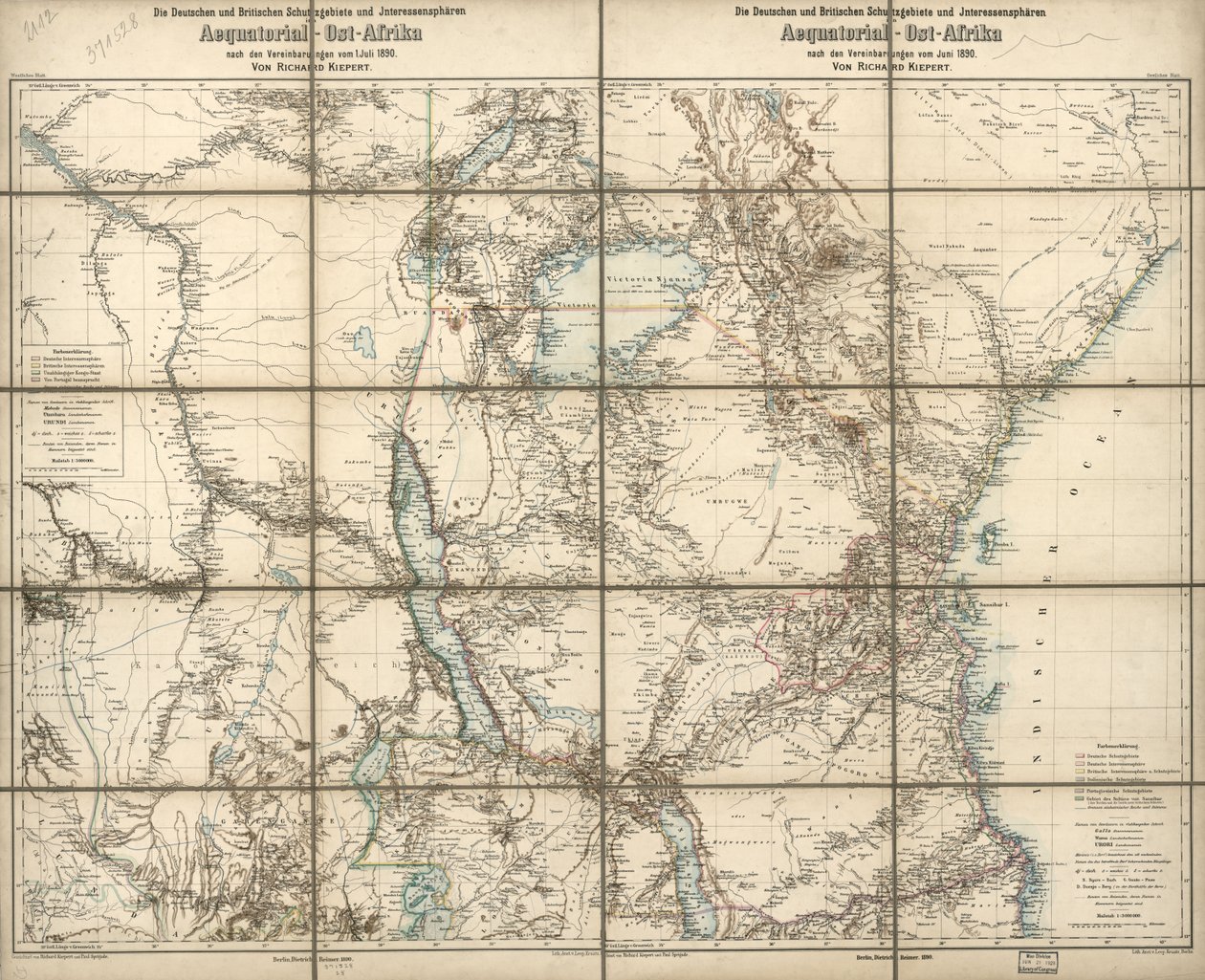 赤道東アフリカにおけるドイツとイギリスの保護領と利益圏: 1890年6月の協定に基づく 作： リチャード; Sprigade Kiepert