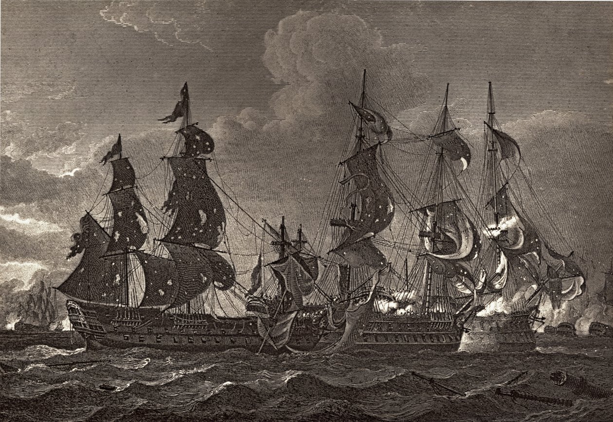 サンニコラスとサンジョセフに搭乗するHMSキャプテン、ロバートサウジー（1774-1843）による「ネルソンの生涯」のイラスト、1813年に初公開 作： リチャード・ウェストール