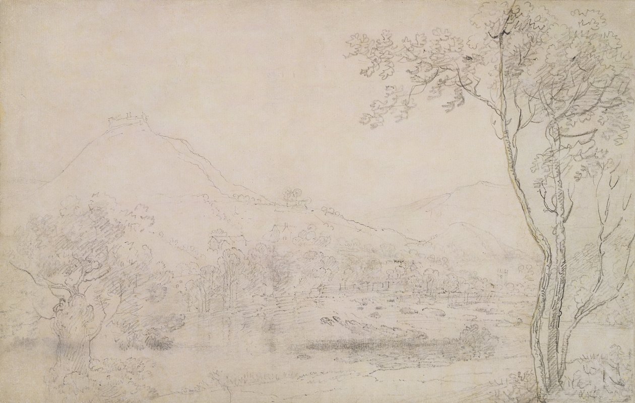 Castell Dinas Bran、ウェールズ（紙にグラファイトと黒チョーク） 作： リチャード・ウィルソン