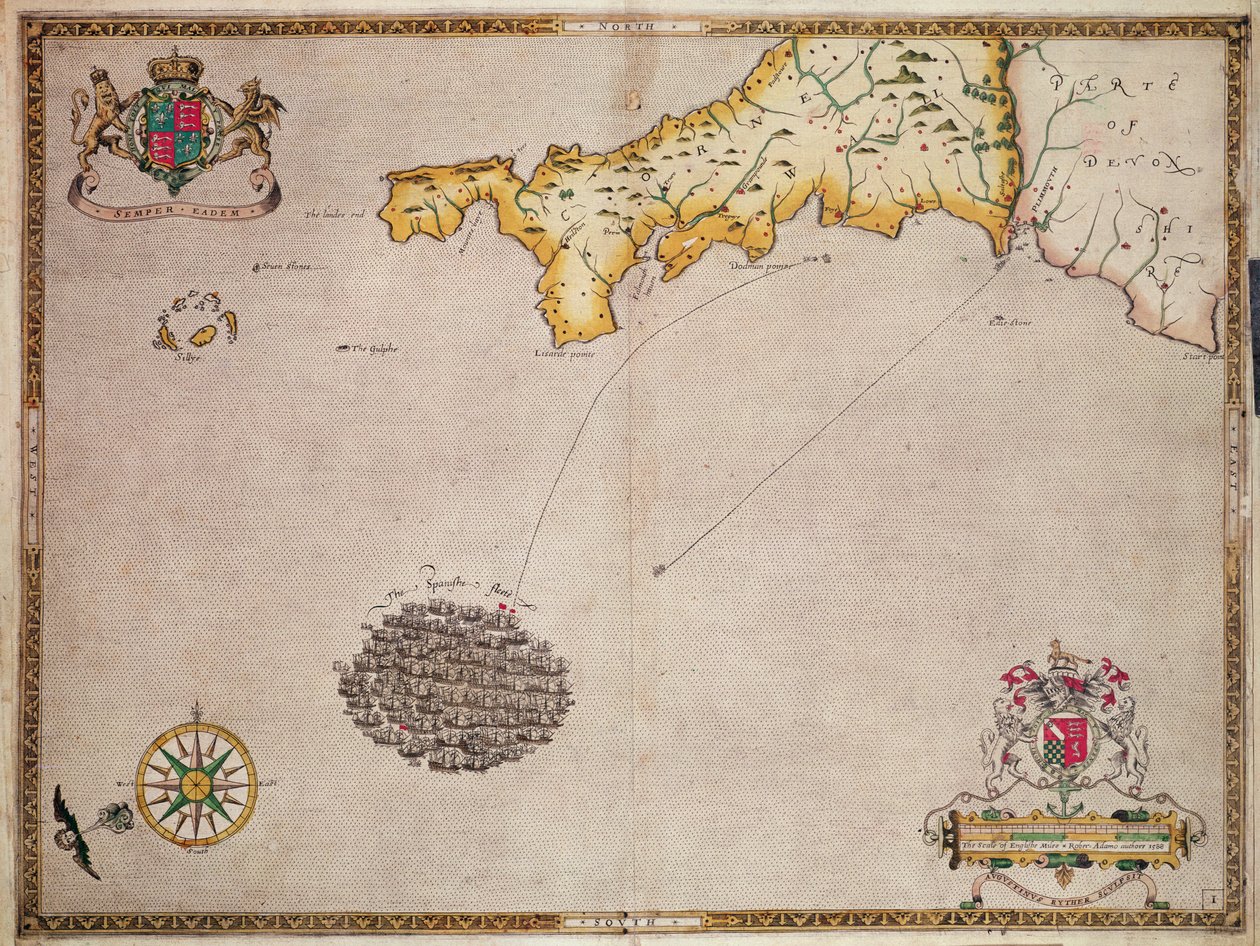 1588年のオーガスティンライサーによって彫刻されたアルマダ艦隊のルートを示すマップNo. 1 作： ロバート・アダムス