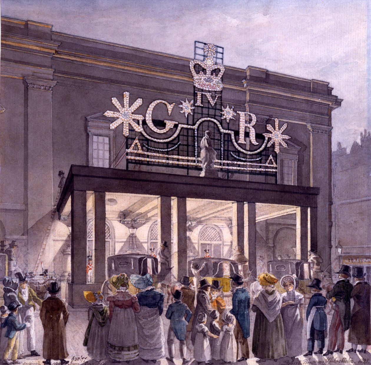 シアターロイヤルの外、ドルリーレーン、1821年 作： ロバート・ブレメル・シュネブリー