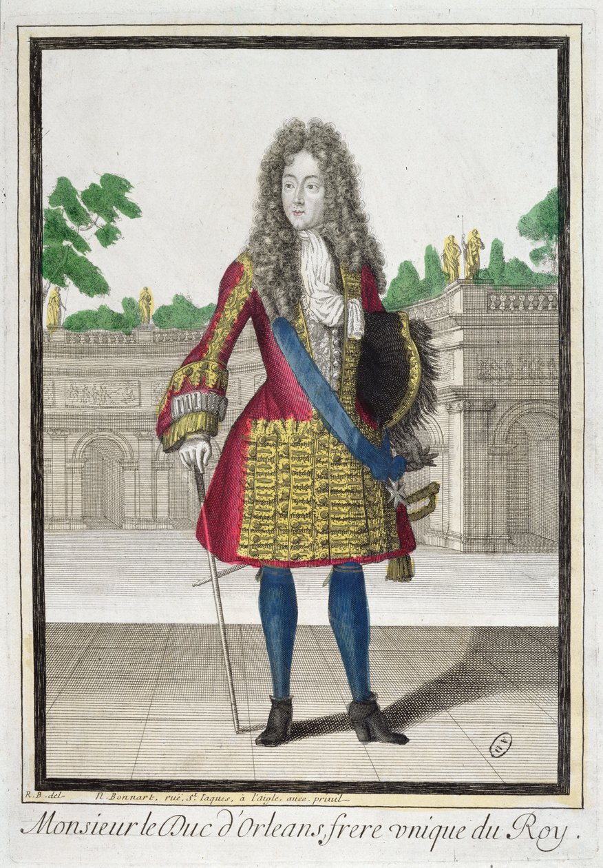 ルイ13世の次男、ルイ14世の兄弟であるフィリップ、デュックドルレアン（1640-1701）の肖像画（カラー彫刻） 作： ロバート・ボナート