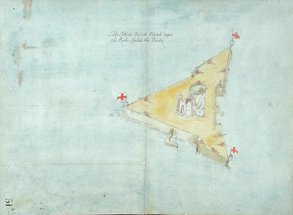 Castell PerrottがUppon the Rockeを置き、Stackeをコーリングしたc.1597-1601（リネンで裏打ちされた紙にトイレ、鉛筆、ペン、インク） 作： ロバート・デブルー