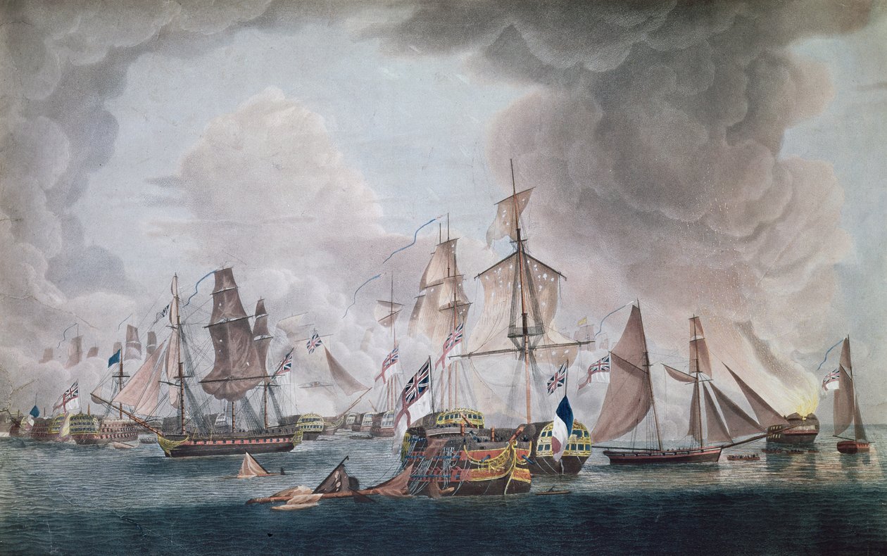 1805年のトラファルガーの戦いでのフランスとスペインの連合軍の敗北（カラー彫刻） 作： ロバート・ドッド