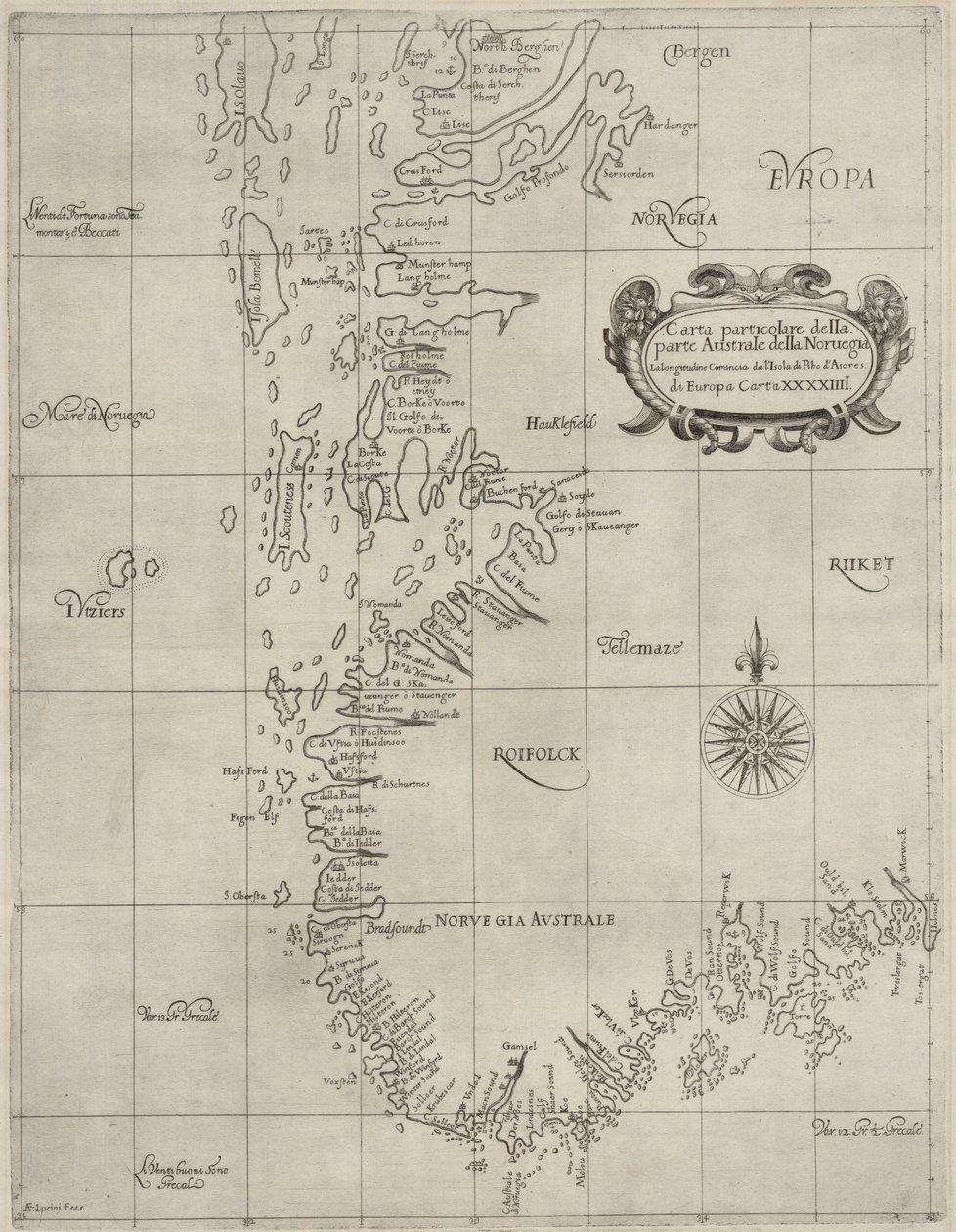 国立図書館の地図コレクションからの地図。地図は（1647年頃）に公開されており、ノルウェー南部、海岸、海の地図を表示しています 作： ロバート・ダドリー