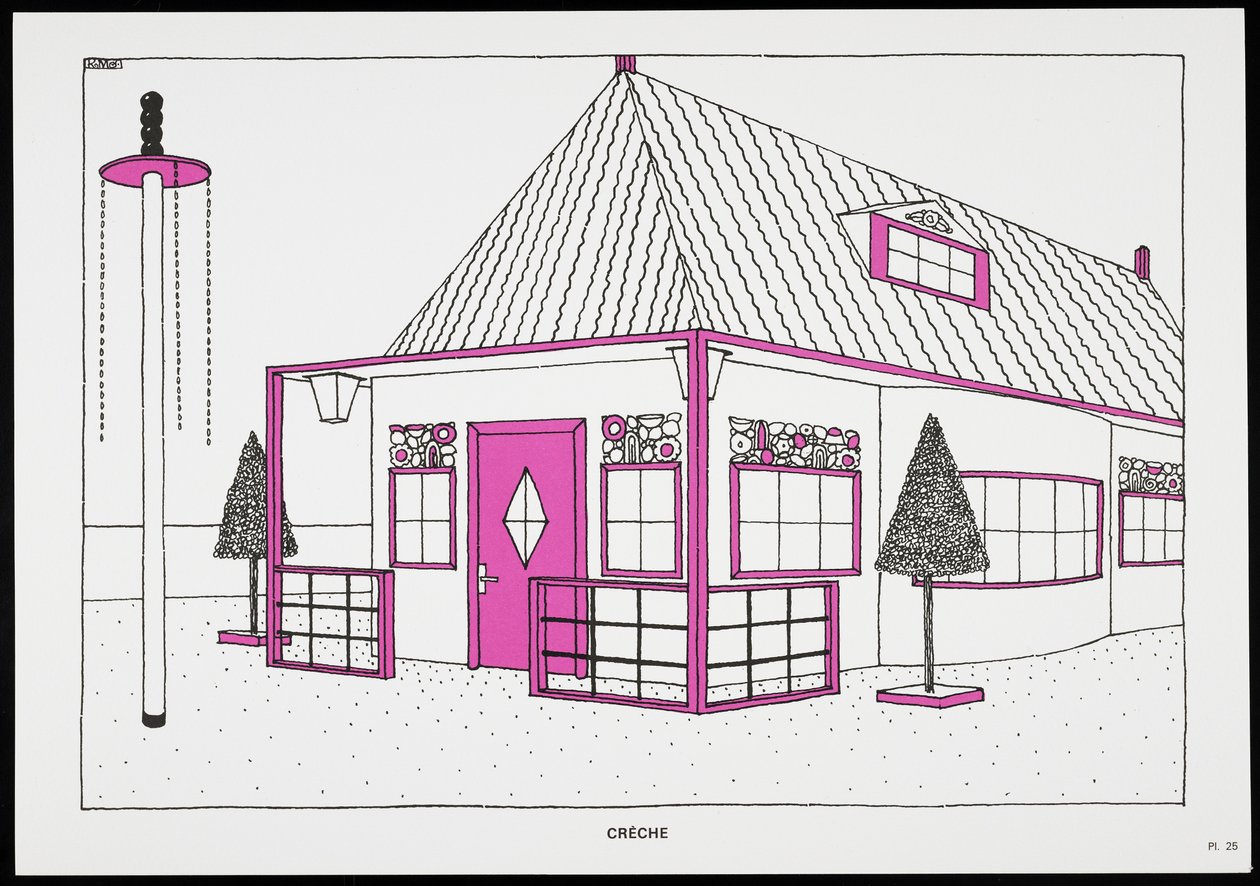Une Cite ModerneのCrèche、Rob Mallet-Stevens Architectによるドローイング、1987年（発行） 作： ロバート・マレット・スティーブンス