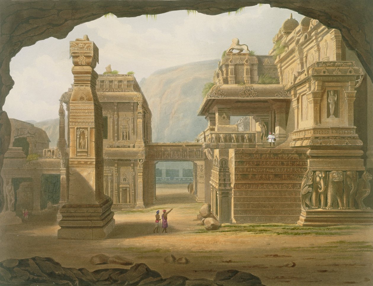 1813年にエローラで発掘された大寺院。「インドの風景、衣装、建築」のボリュームIから、G。ロールによってエッチングされ、G。ハントによって彫刻され、パブJBホガースによって着色されました。アッカーマン、1826年 作： ロバート・メルビル・グリンドレイ