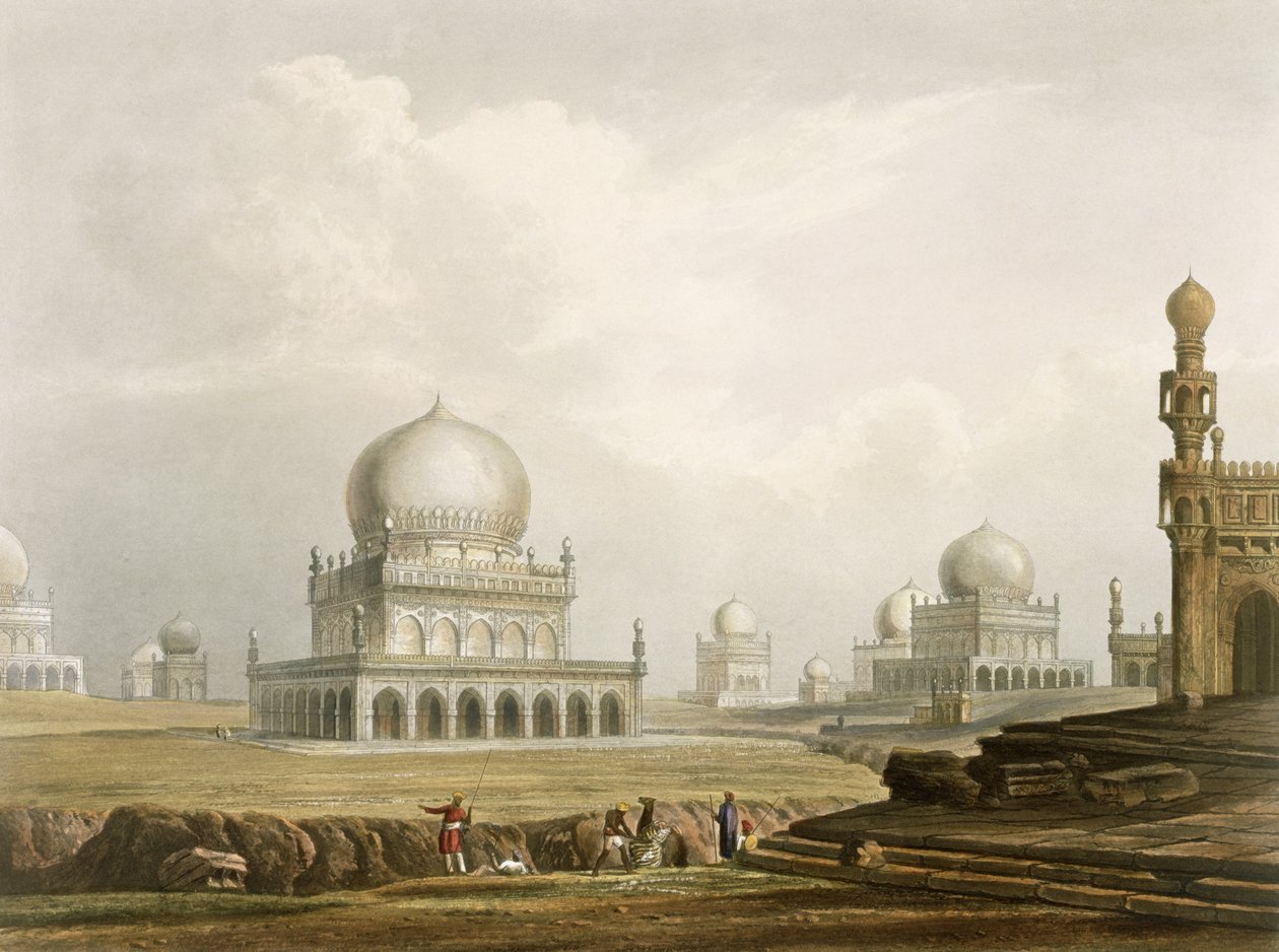 1813年のゴルコンダの王の墓。「インドの風景、衣装、建築」のボリュームIから、J。ウィリスによってエッチングされ、G。ハントによって彫刻されました。スミス、エルダーアンドカンパニー、1826年（アクアチント） 作： ロバート・メルビル・グリンドレイ