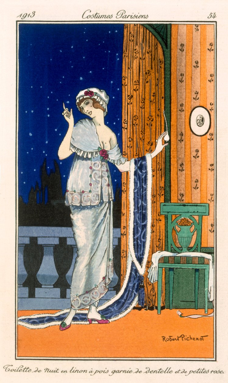 レースとミニバラのある斑点のある芝生のナイトガウン、1914年 作： ロバート・ピシェノ