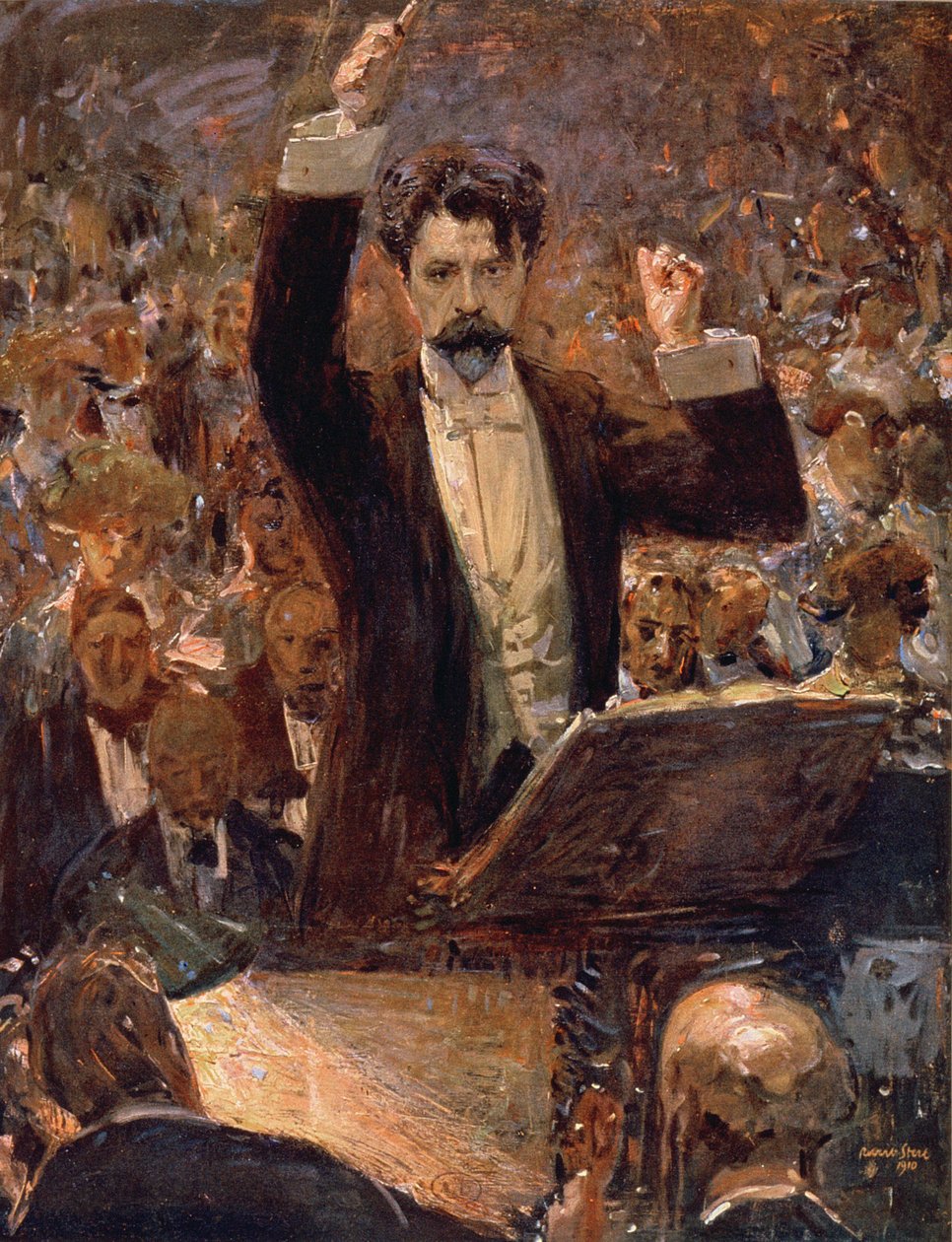 アーサー・ニキッシュ（1855-1922）ライプツィヒのゲヴァントハウスでコンサートを指揮、1910 作： ロバート・ステルル