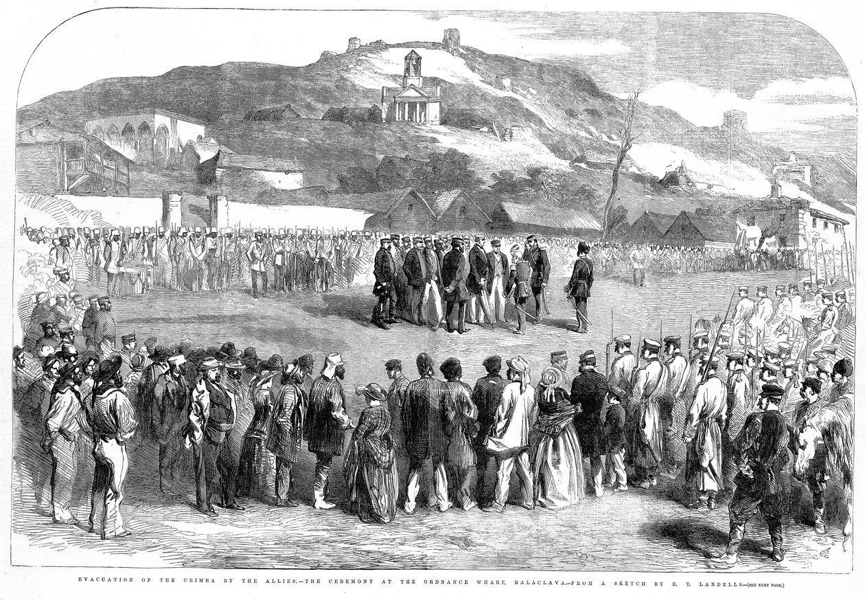 同盟国によるクリミアの避難、1856年8月30日のイラスト入りロンドンニュースからのバラクラバの条例ワーフでの式典 作： ロバート・トーマス・ランデルス