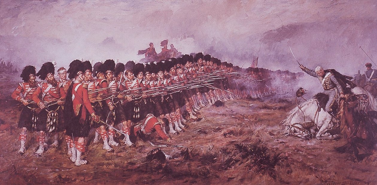 1854年バラクラバの戦いで、ロシア軍の突撃の前に立ちはだかった「シン・レッド・ライン」（第93高地隊）。 作： ロバート（後）ギブ