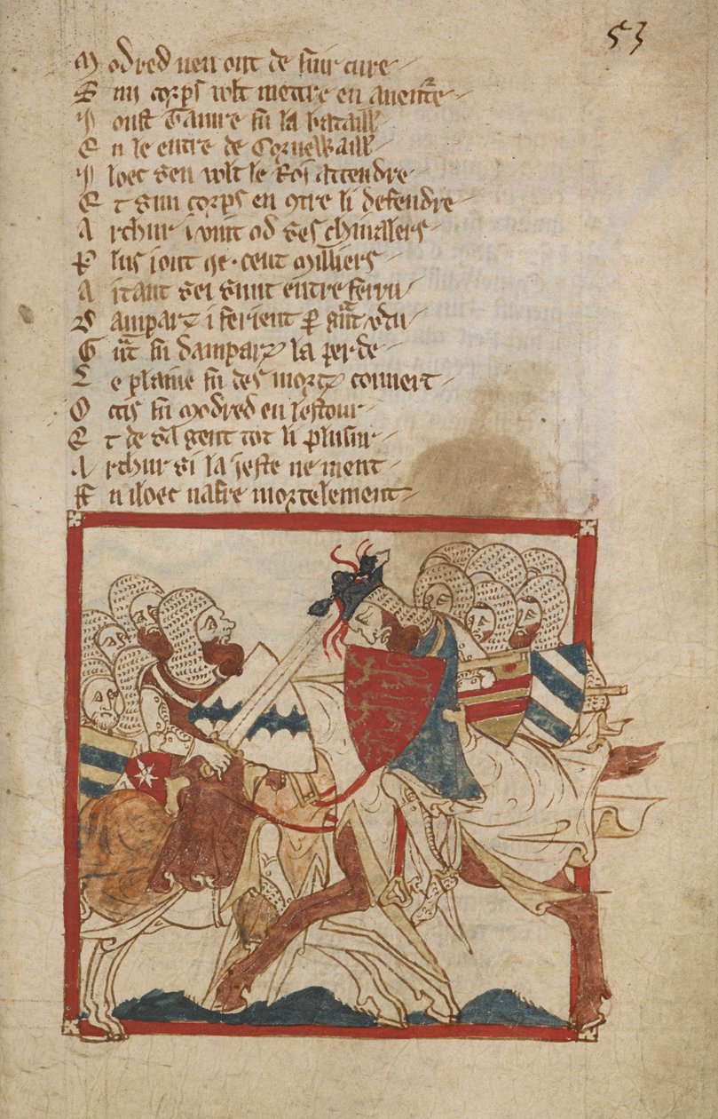 Arthur Mortally Wounded、「Romances in French Verse...」のイラスト、Canon of Wace (Wace of Bayeux) 作 作： ロバート（c.1110 74）ウェイス