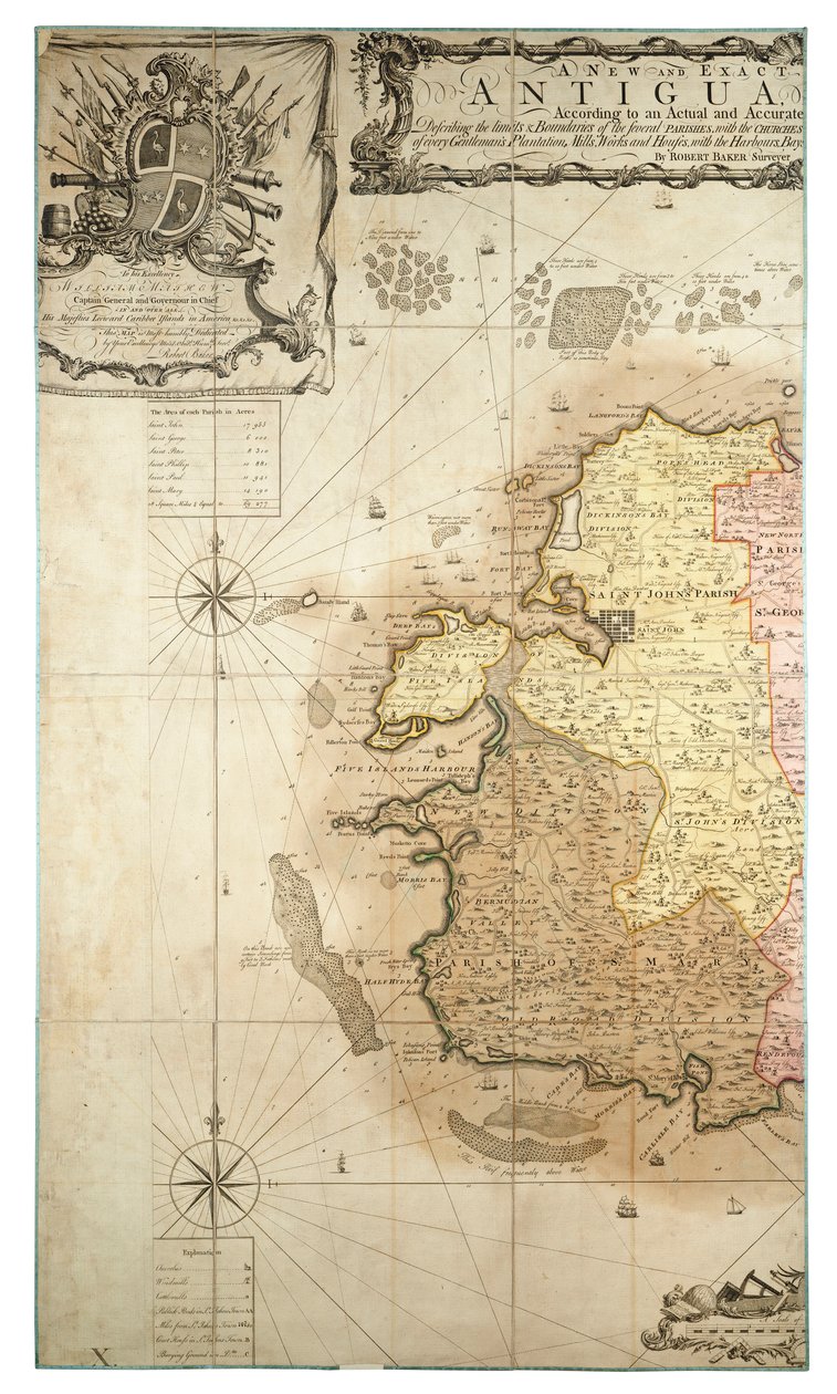 1746年から1748年にかけて行われた調査による、アメリカのアンティグア島の新しく正確な地図。 作： ロバートベイカー