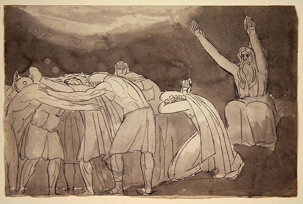 A Druid Ceremony (紙にグラファイトの上にペンとウォッシュで描いたもの) 作： ロバート・ブレイク