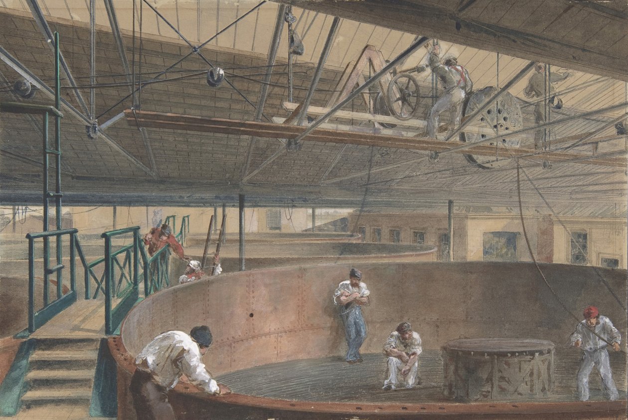 電信建設の工場で大型タンクにケーブルを巻く...、1865年、1865年。 作： ロバート・チャールズ・ダドリー