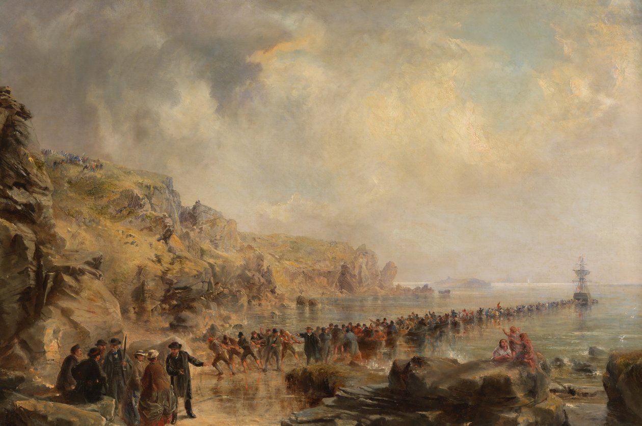 大西洋ケーブルの海岸端に上陸、1866 年。 作： ロバート・チャールズ・ダドリー