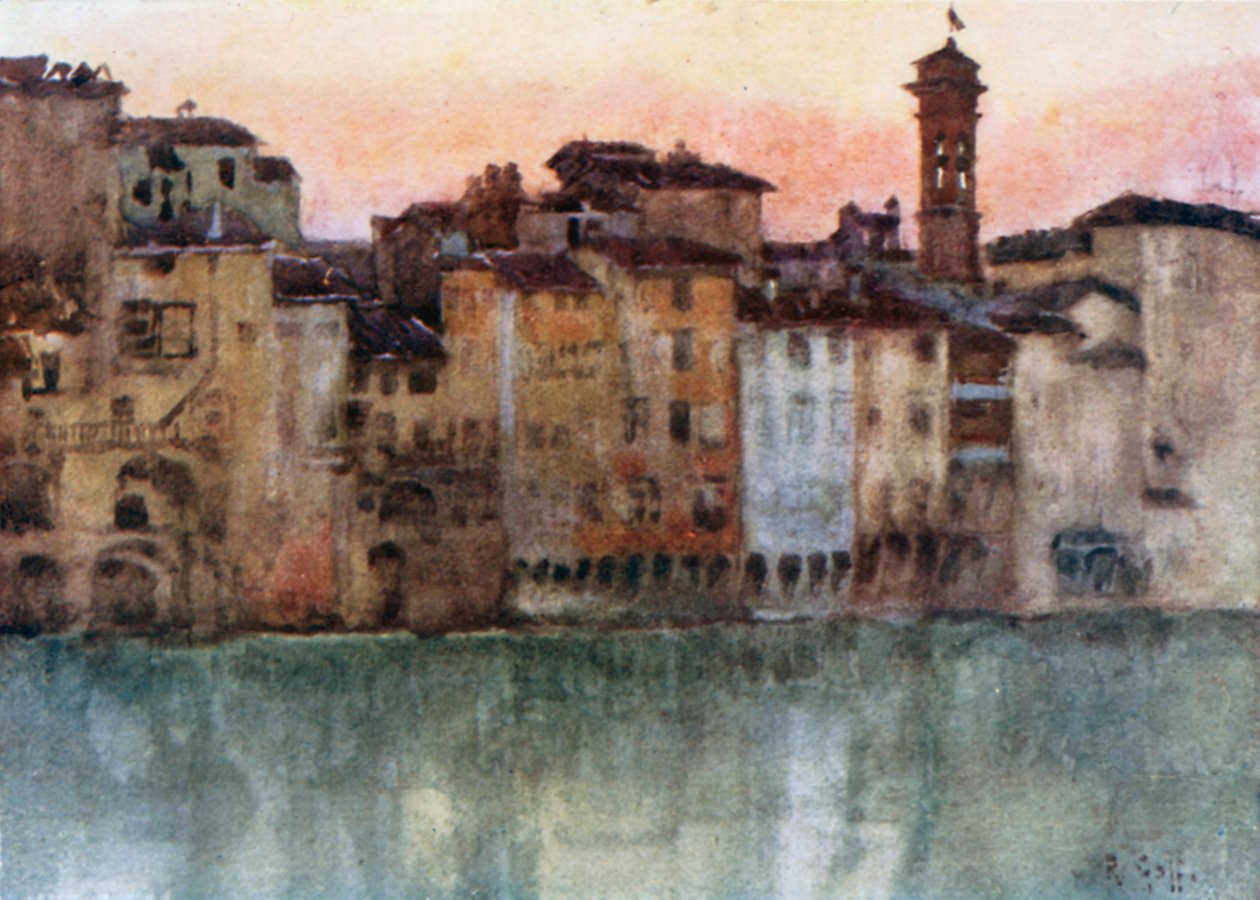 アルノ左岸の古い家並み、西を向いて（カラーリトグラフ） 作： ロバート・チャールズ・ゴフ