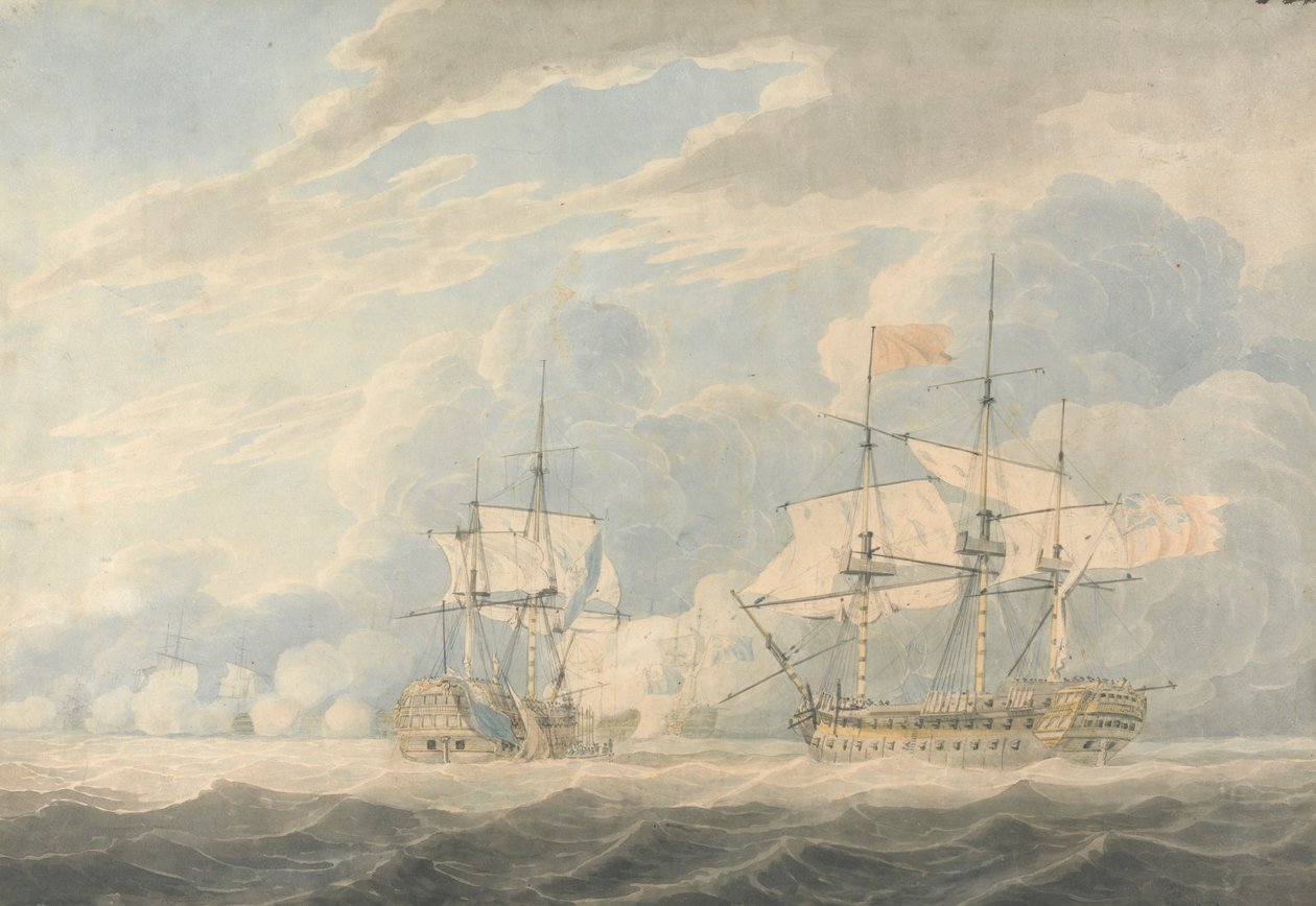 1797 年 10 月 11 日のキャンパーダウンの戦いで、デ ウィンター提督率いるオランダ中将がダンカン提督率いるイギリスのオンスロー中将に旗をたたきつけている 作： ロバート・クリーヴリー