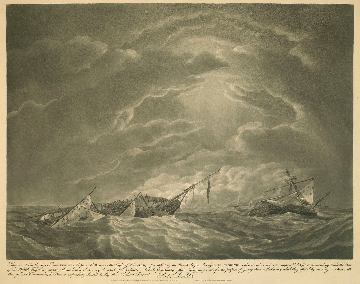 1814年2月25日夜、フランス帝国軍フリゲート艦ラ・クロランデを撃破した後、前マストを立てたまま逃げようとするフリゲート艦ユーロタス・フィリモア艦長の状況。 作： ロバート・ドッド