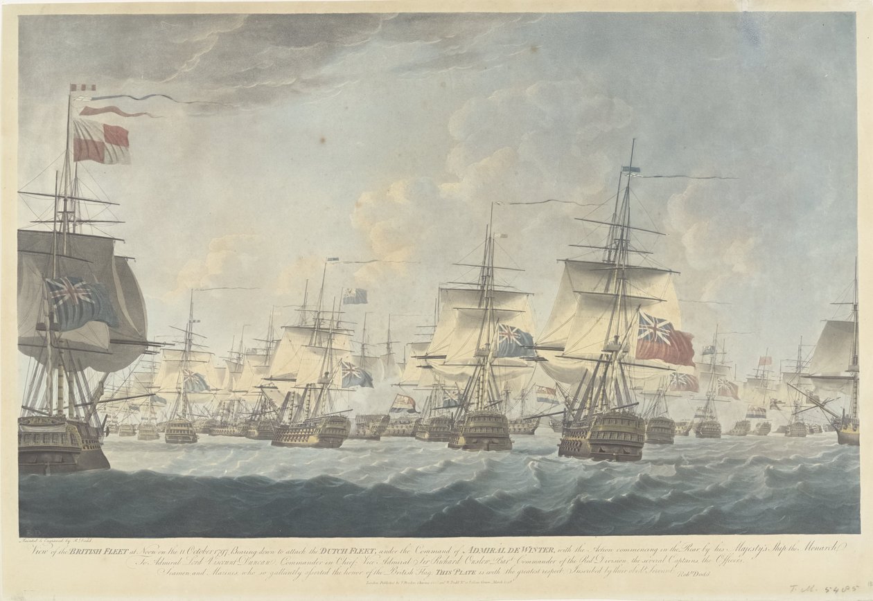 カンパードゥインの戦い (1797): イギリス艦隊による攻撃 1797 年 10 月 11 日の正午のイギリス艦隊の眺め、オランダ艦隊を攻撃するために降下中 (...) (オブジェクトのタイトル) 作： ロバート・ドッド