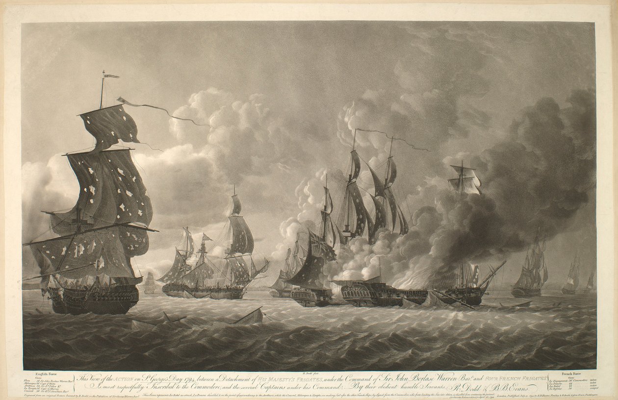 1794年ジョージの日、ジョン・ボルレーズ・ウォレン・バー卿指揮下の 陛下のフリゲート艦の分隊と4隻のフレンチ・フリゲート艦との間で行われたこの戦闘の様子は、提督と、提督の指揮下にある数隻の船長に謹んでお送りする。 作： ロバート・ドッド