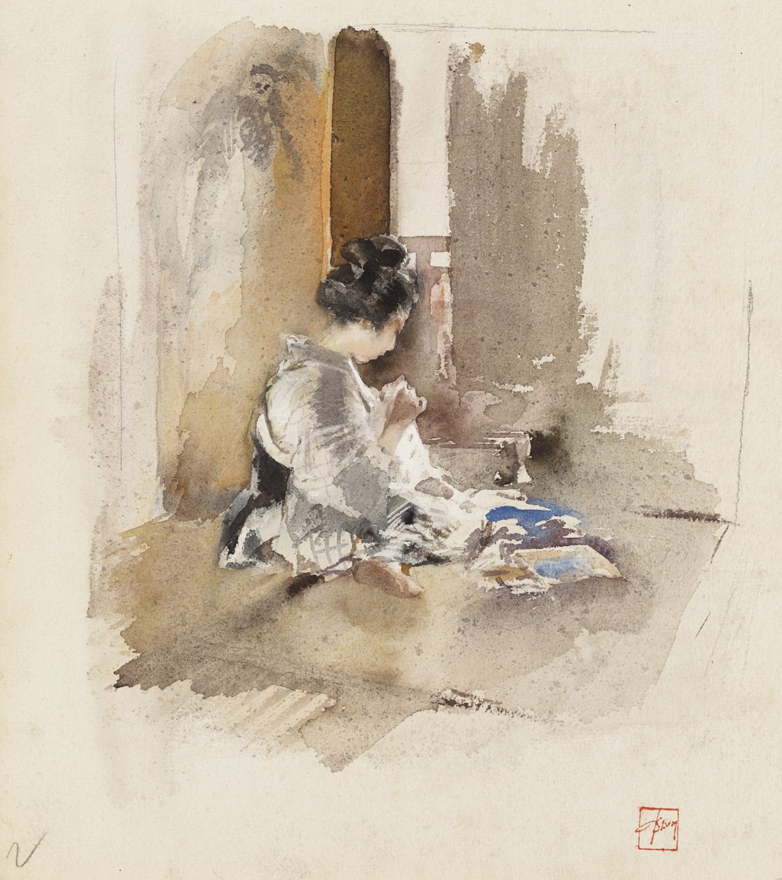 日本の女の子の縫製、1890年 作： ロバートフレデリックブルーム