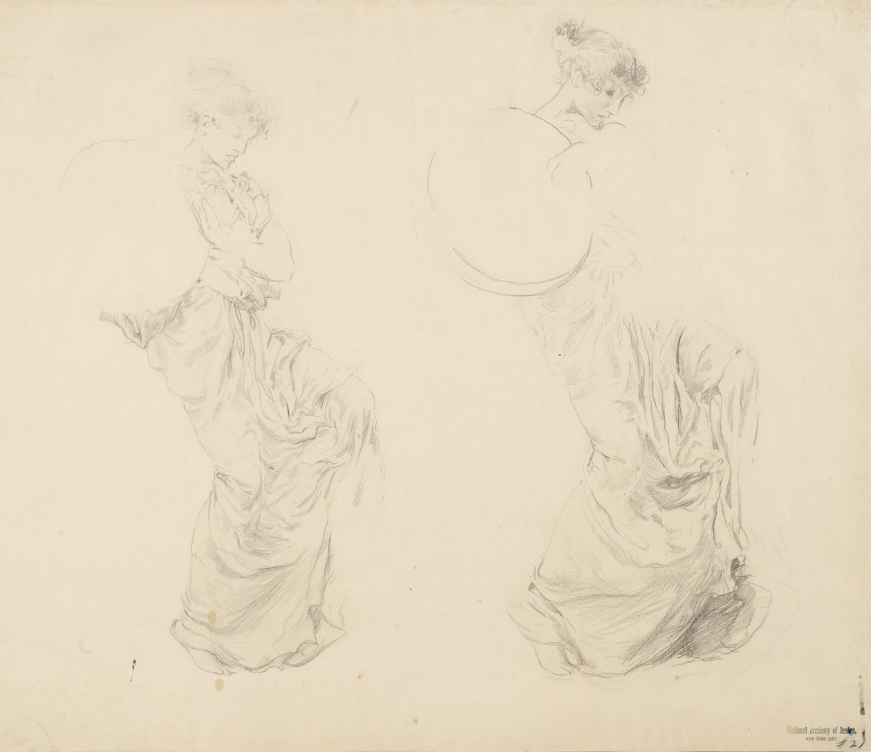 Moods to Music壁画用の2人の女性像の研究、1893-95年（バフウォーブ紙に赤鉛筆で黒鉛を塗ったもの） 作： ロバートフレデリックブルーム
