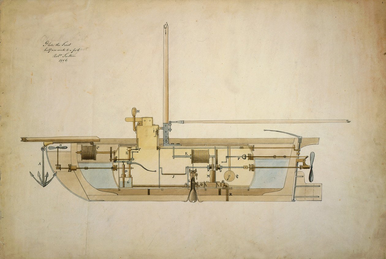 発明者ロバート・フルトン（1765-1815）が1806年にアメリカ上院に提出した初の水中船（潜水艦）「ノーチラス号」の原図。 作： ロバート・フルトン