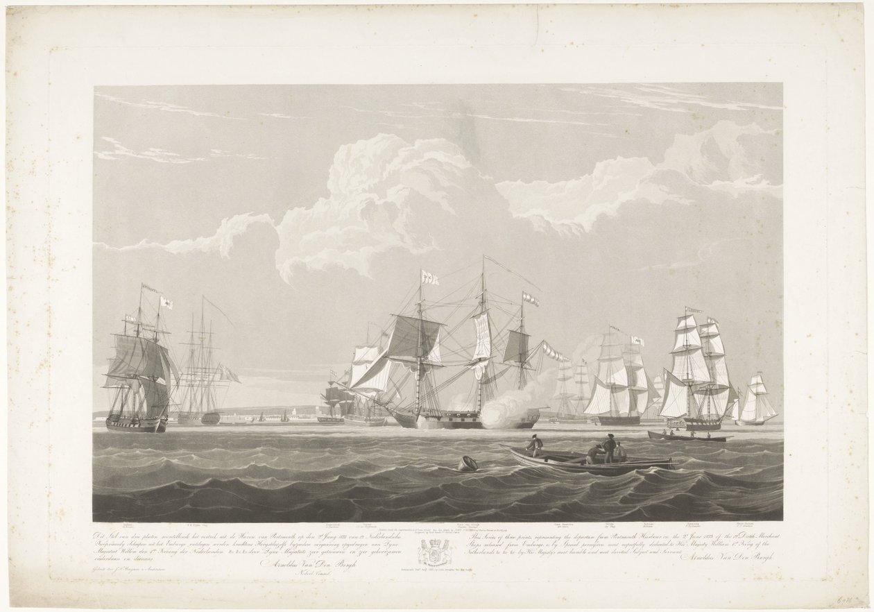 1833年、ポーツマス港から出港した12隻のオランダ商船（プレート3） この 3 枚のプレートのセットは、1833 年 6 月 2 日にポーツマス港から出港する 12 隻の Nederlandsche Koopvaardy 船の通商禁止を描いています。 作： ロバート・ハヴェル（II）