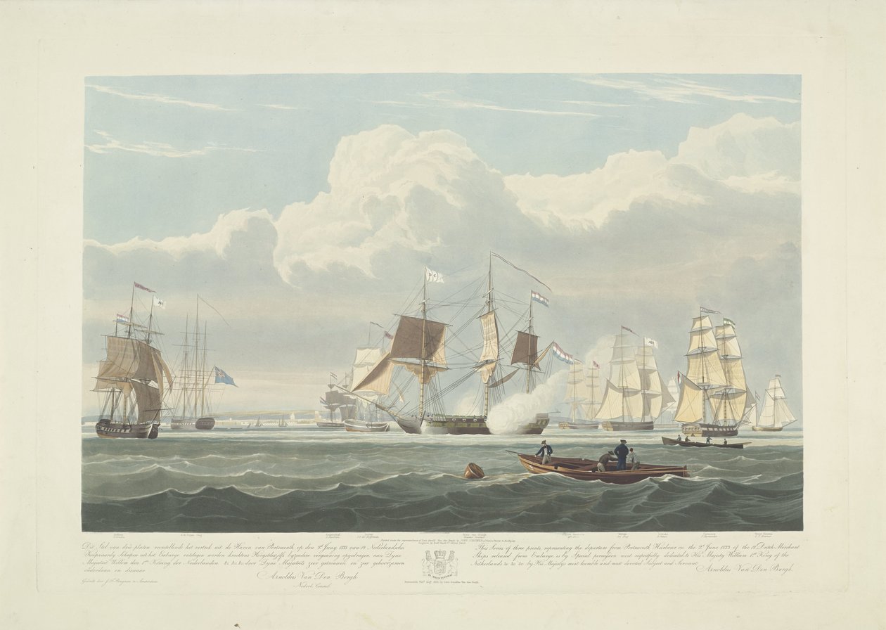 1833年、ポーツマス港から出港した12隻のオランダ商船（プレート3） この 3 枚のプレートのセットは、1833 年 6 月 2 日にポーツマス港から出港する 12 隻の Nederlandsche Koopvaardy 船の通商禁止を描いています。 作： ロバート・ハヴェル（II）