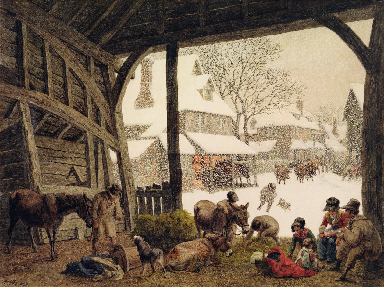1819年の村の雪景色（トイレ、ボディカラー、グラファイトを削り取った） 作： ロバート・ヒルズ