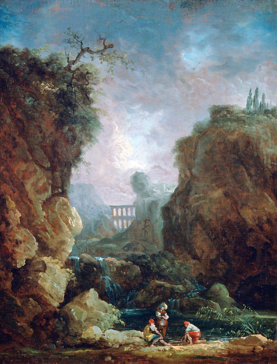 滝と水道橋のある風景」、c1750-1808 作： ロベール・ユベール
