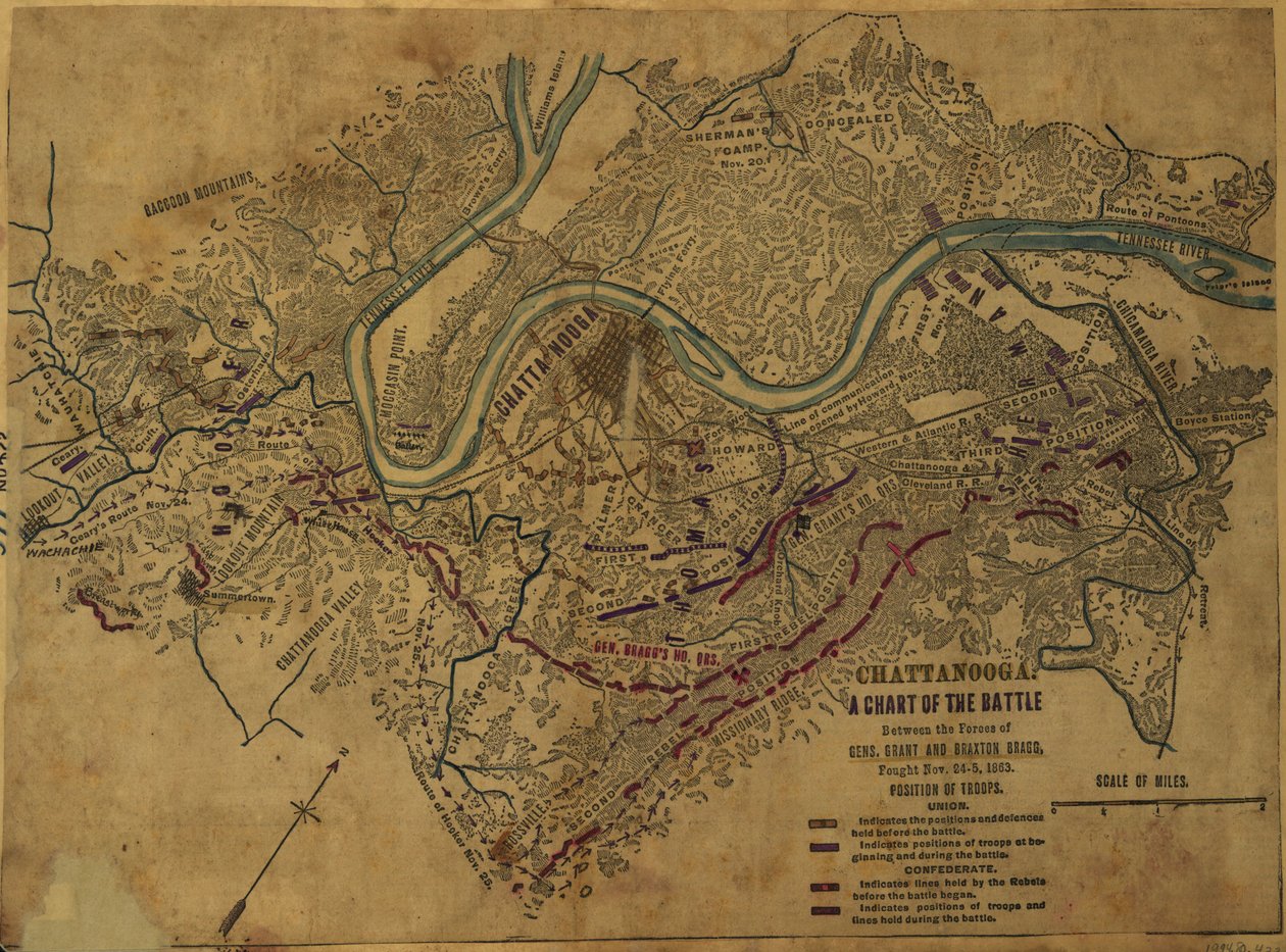 チャタヌーガ グラント将軍とブラクストン・ブラッグ将軍の戦いの図。1863年11月24日から5日にかけて行われた、グラントとブラクストン・ブラッグ両軍の戦いのチャート。LOC gvhs01.vhs00275 作： ロバートノックススネーデン