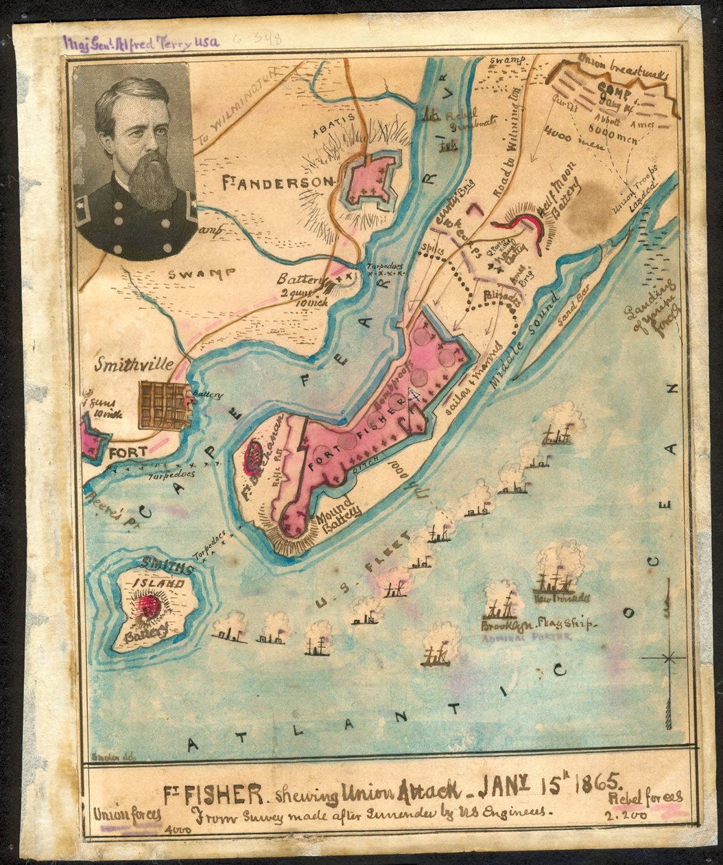 フォート・フィッシャーは北軍の攻撃を受けている（中略）1865年1月15日、降伏後に米国工兵によって行われた調査から。LOC gvhs01.vhs00185 作： ロバートノックススネーデン