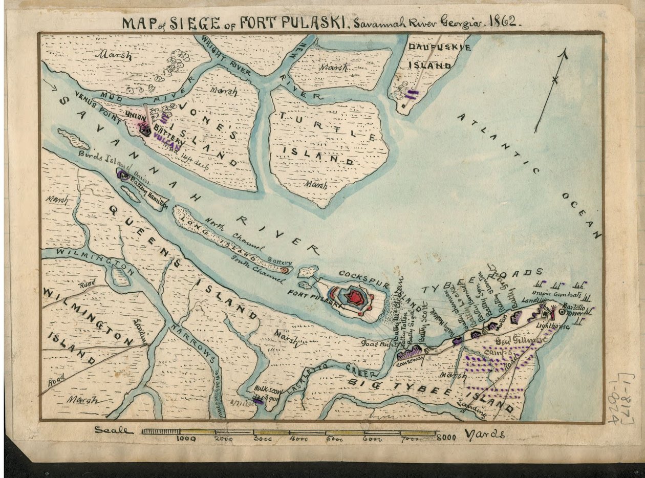 ジョージア州サバンナ川、フォート・プラスキ攻防戦の地図。1862.LOC gvhs01.vhs00085 作： ロバートノックススネーデン