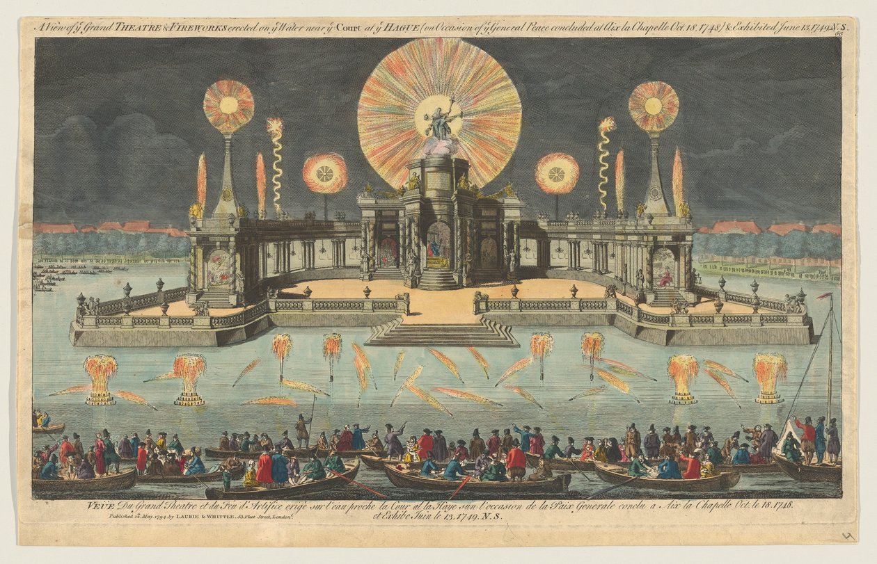 1794 年、オハイオ州ヘーグの裁判所近くの水上に建てられた大劇場と花火の眺め。 作： ロバート・ローリー