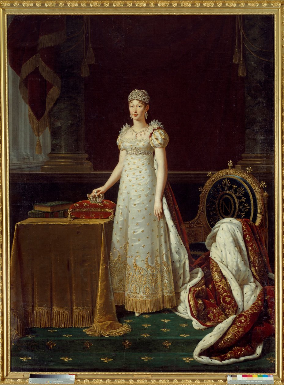 ナポレオン1世の妻であり、帝国のレジェンテを代表するオーストリアのマリー・ルイーズ（Marie-Louise）（1791年～1847年）の印象的なポートレートで、1812年にナポレオンから寄贈されたショーメのダイヤモンドセットを身につけている - 背後にはナポレオンの "N "を飾ったエンパイアスタイルのアームチェアがある。 作： ロバート・ルフェーブル