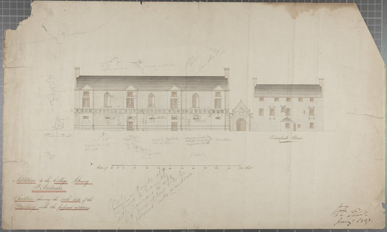 1827年の大学図書館の建築図（紙に鉛筆とトイレ） 作： ロバート・ペイトン・リード